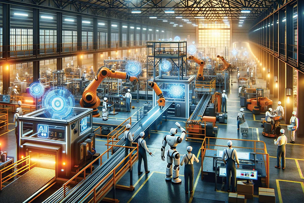 Industrial robot arms on a manufacturing floor