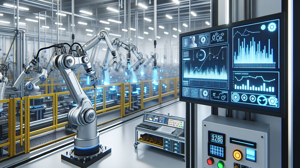 Industrial robot arms on a manufacturing floor