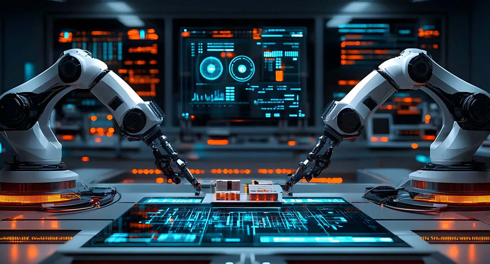 Industrial robot arms on a manufacturing floor