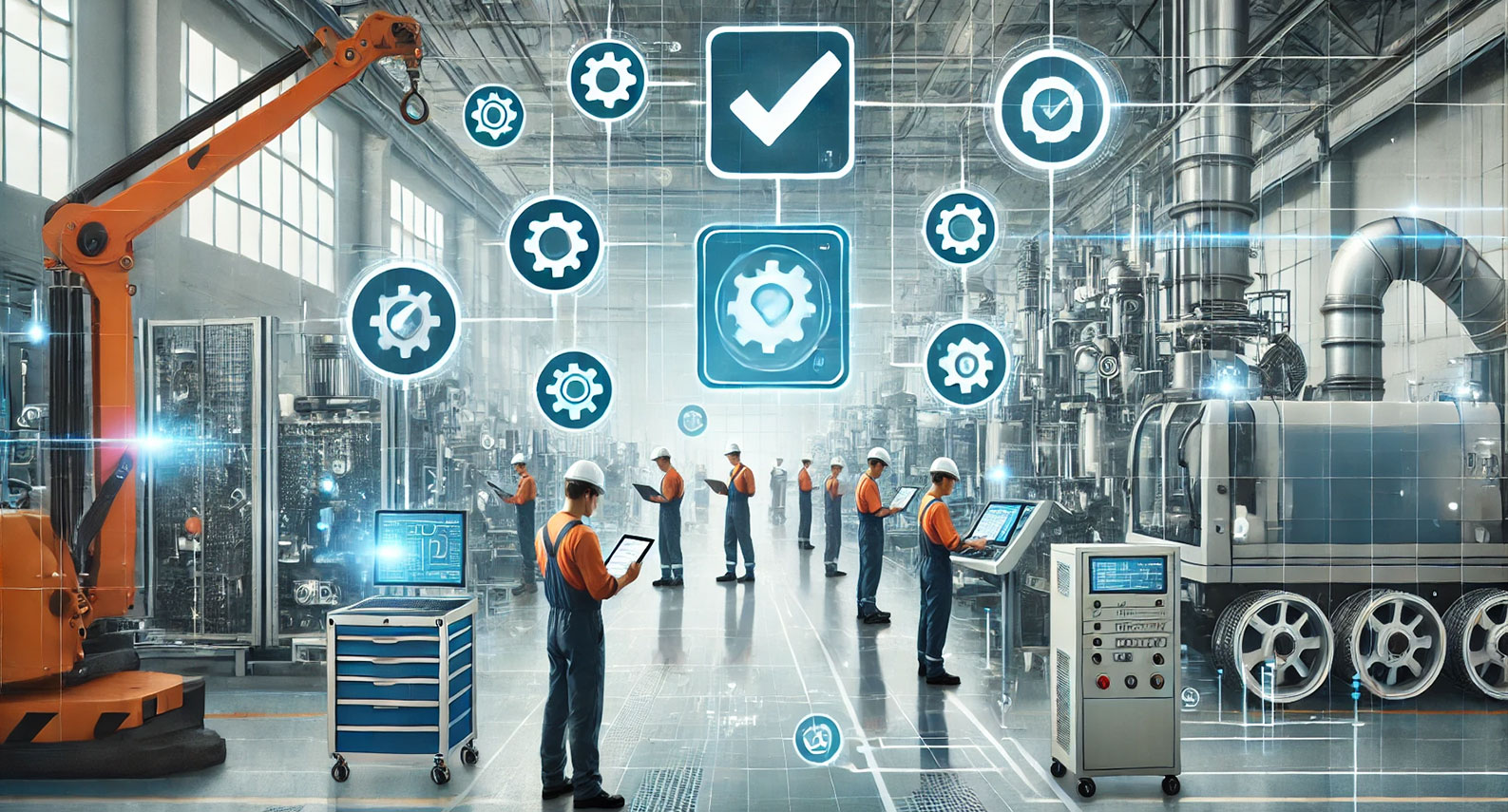 Industrial robot arms on a manufacturing floor
