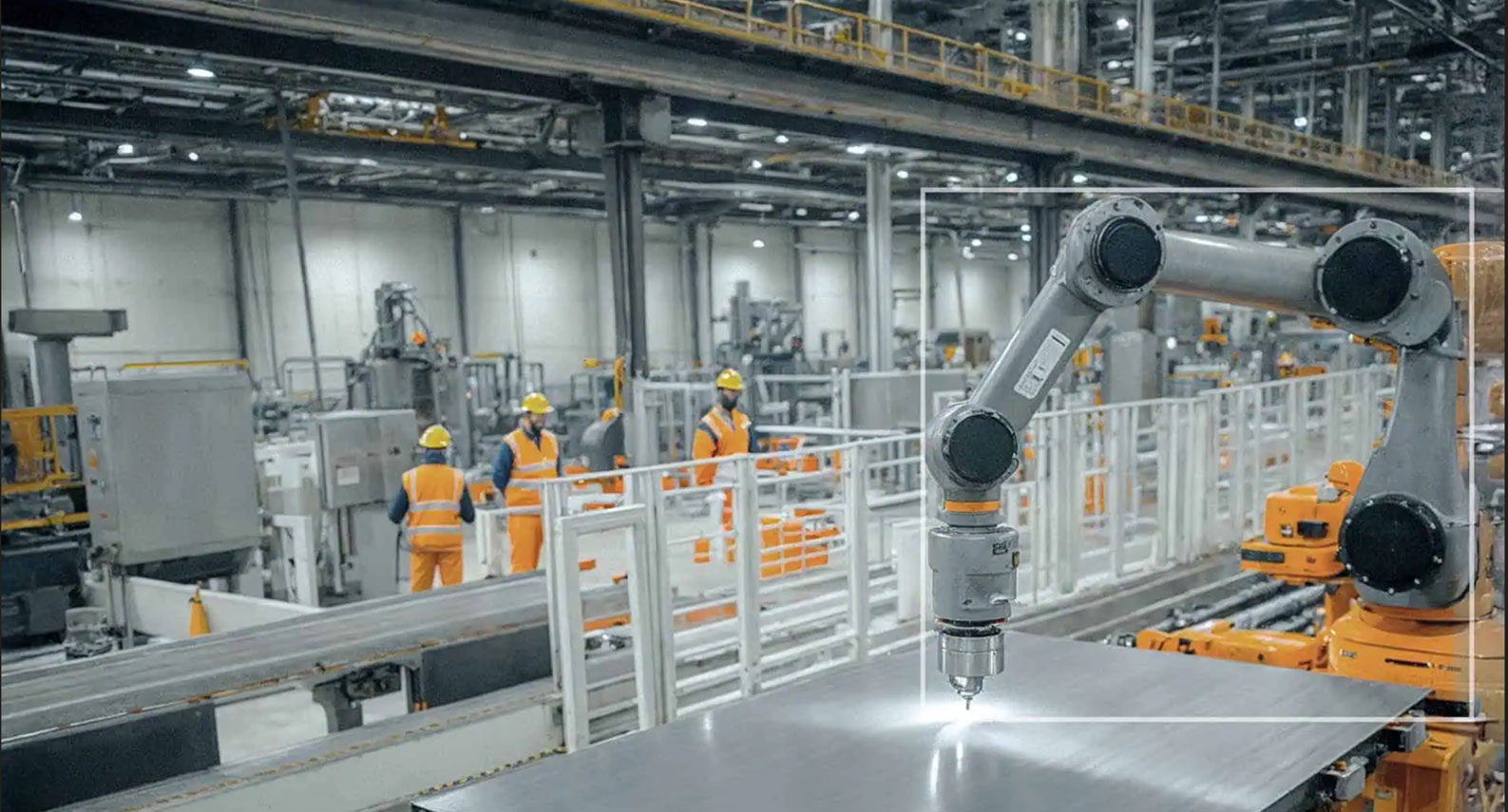 Industrial robot arms on a manufacturing floor