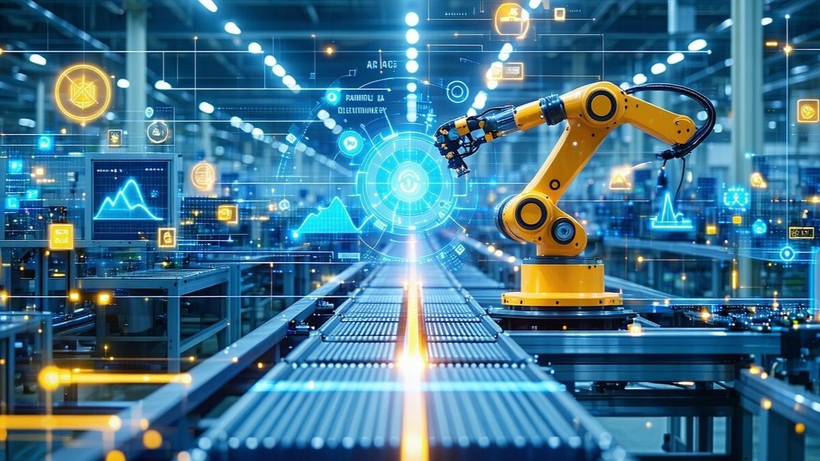 Industrial robot arms on a manufacturing floor
