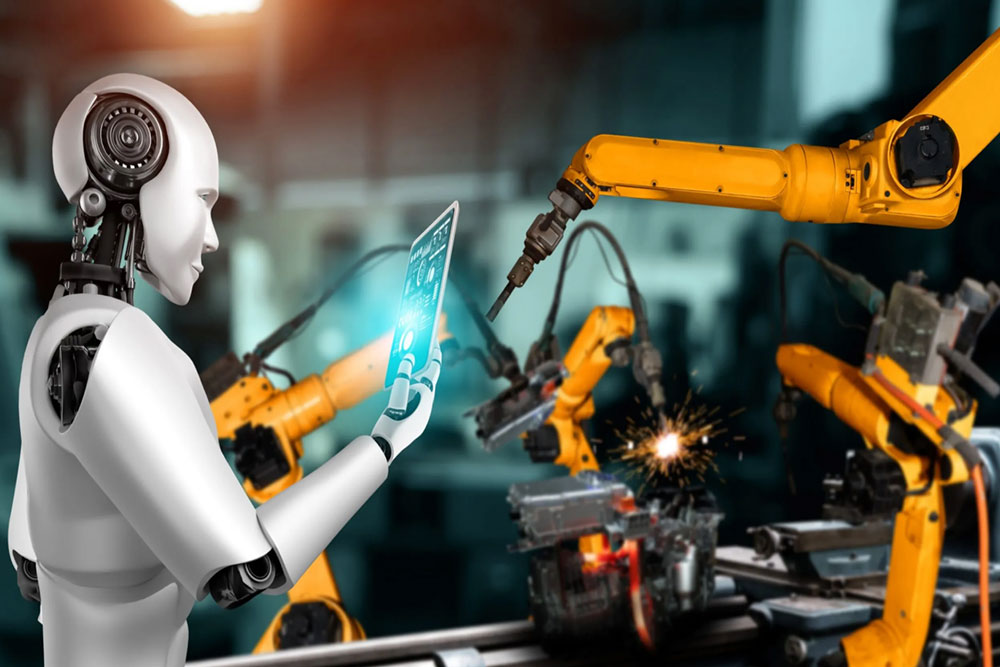 Industrial robot arms on a manufacturing floor