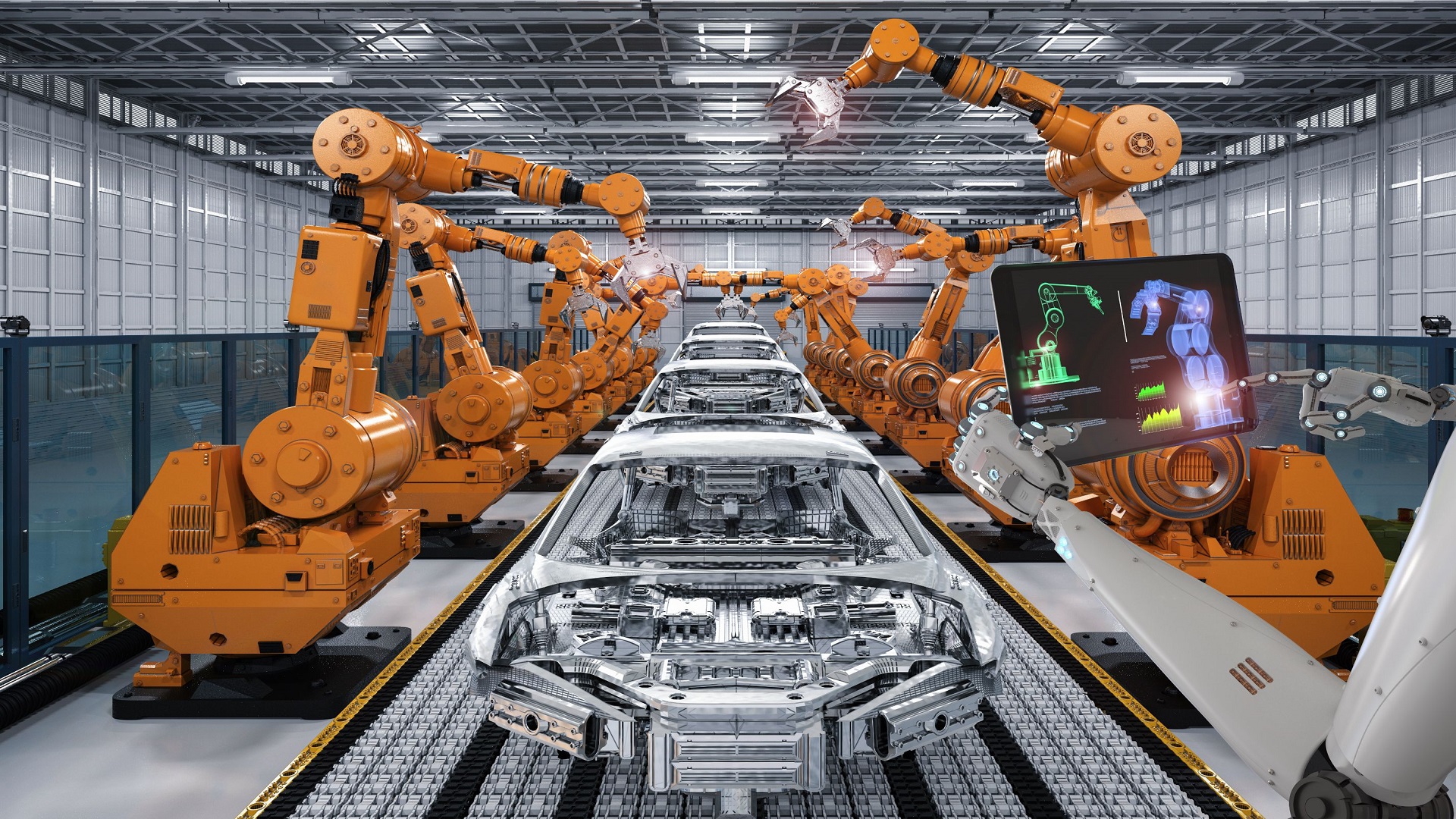 Industrial robot arms on a manufacturing floor